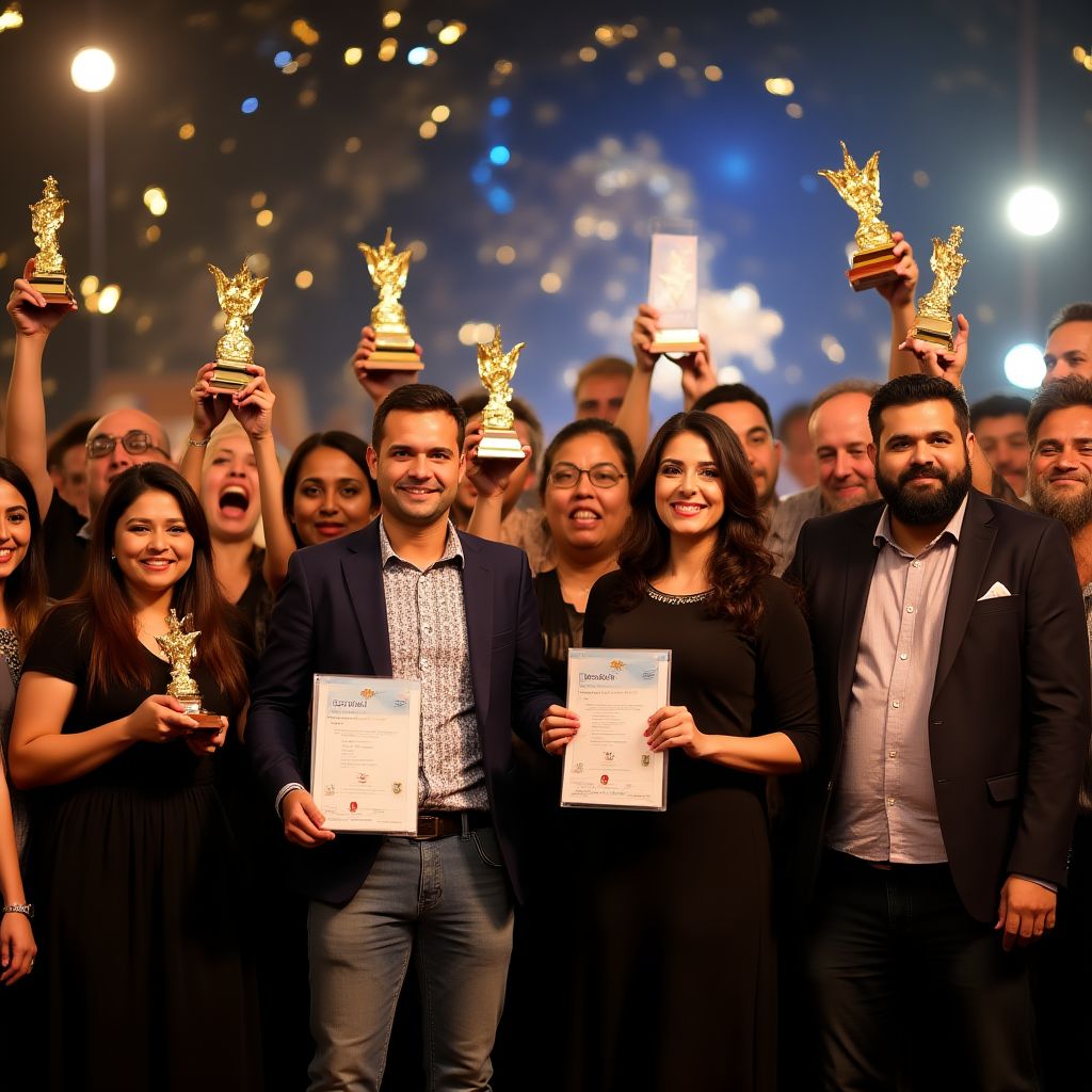 Equipo celebrando premios y reconocimientos de la industria financiera