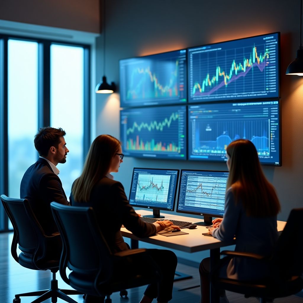 Equipo de InverCoach en oficina moderna discutiendo estrategias de inversión